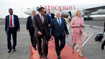 Pictured is President Michael D Higgins and his wife Sabina arriving at Addis Ababa Airport, Ethiopa being greeted by H.E. Dr Tedros Adhanom, Ethiopian Minister of Foreign Affairs on the first day of the Presidents 22 day official visit to Ethiopia, Malawi and South Africa.Photo Chris Bellew / Copyright Fennell Photography 2014