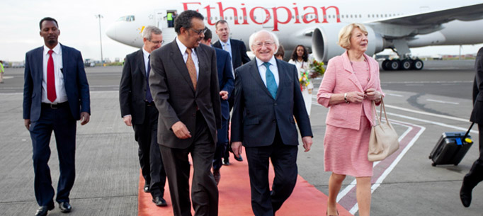 Pictured is President Michael D Higgins and his wife Sabina arriving at Addis Ababa Airport, Ethiopa being greeted by H.E. Dr Tedros Adhanom, Ethiopian Minister of Foreign Affairs on the first day of the Presidents 22 day official visit to Ethiopia, Malawi and South Africa.Photo Chris Bellew / Copyright Fennell Photography 2014