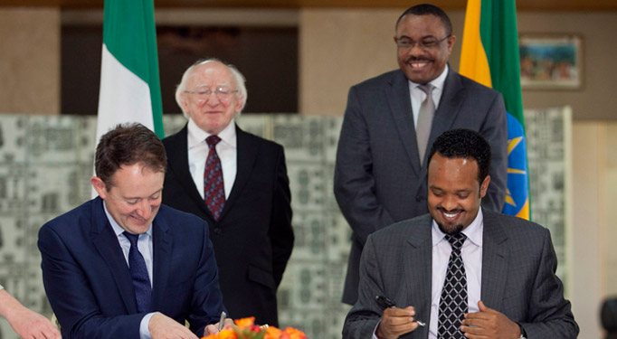 Pictured is Minister Sean Sherlock TD with State Minister for Finance and Economic Development  H.E Ahmed Shide who signed  a Double Taxation Agreement as well as  Bilateral Co-operation Agreement witnessed by President Higgins  with H.E. Hailemariam Desalegn, Prime Minister of Ethiopia at his office in Addis Ababa in Ethiopia. Photo Chris Bellew /  Fennell Photography 2014
