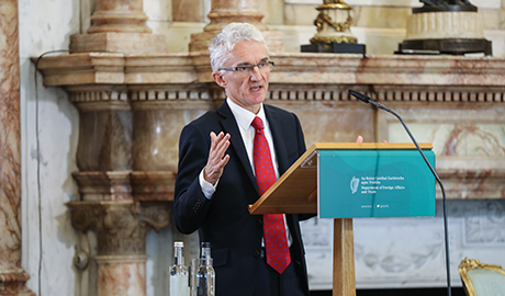 Sir Mark Lowcock speaking at the event ''A Collective Call towards Innovation in Humanitarian Financing'' in Iveagh House. March 2018. © Phil Behan
